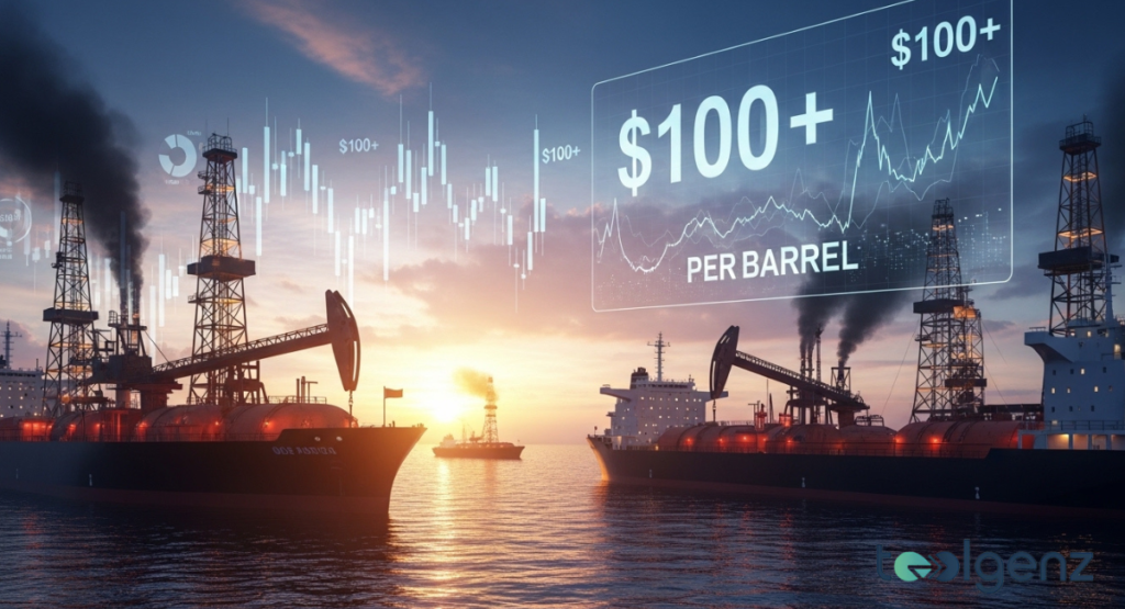 A dramatic sunset scene with numerous oil tankers and offshore drilling rigs on the ocean. Holographic charts displaying "$100+ PER BARREL" and rising stock prices overlay the industrial landscape.