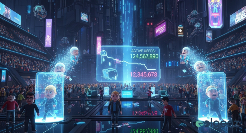A packed arena displays a steep drop in active users on a central hologram. Sad avatars in glass tubes dissolve into pixels as crowds look on.