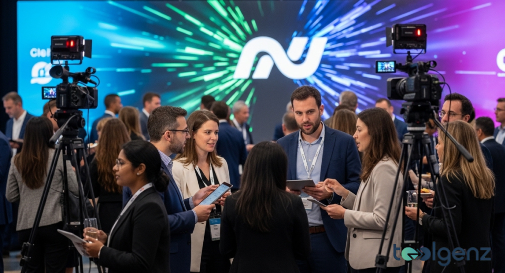 A large conference hall bathed in warm, dramatic lighting, filled with attendees networking. A stage with large screens displays presentations, signifying a leading industry event.