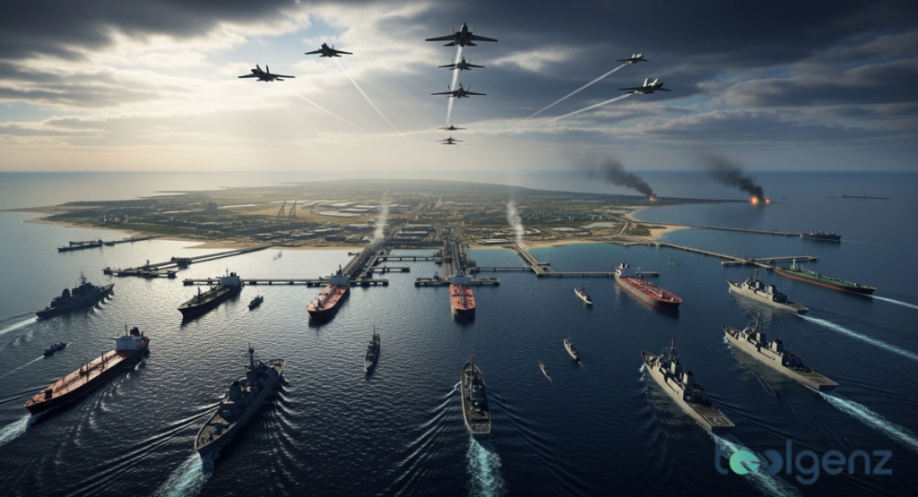 Aerial view of Kharg Island oil terminal with tankers docked at long piers, warships circling, and jets flying overhead.