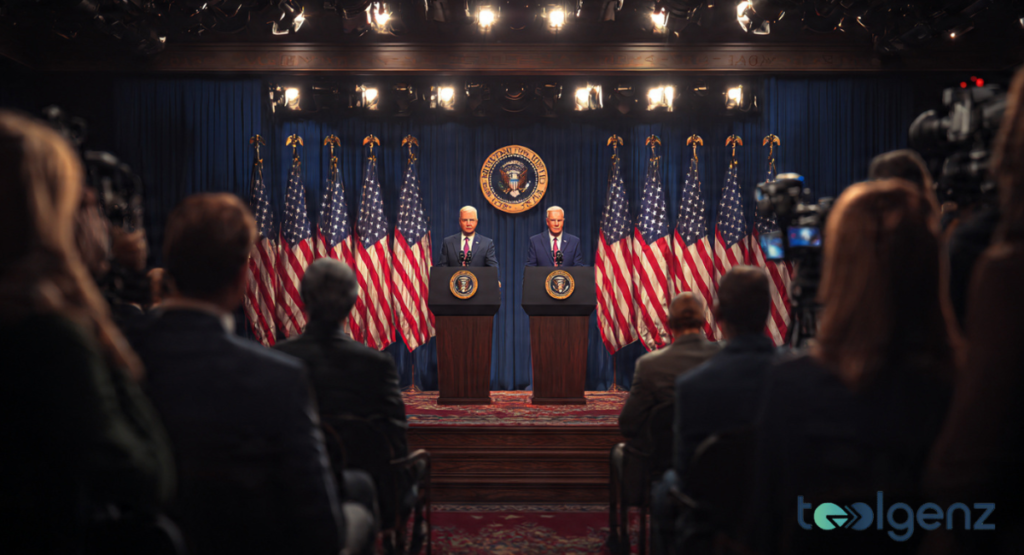 wo male figures, one resembling Donald Trump and another a suited official, stand at podiums with flags. The scene is a formal press conference, with numerous microphones and cameras facing them.