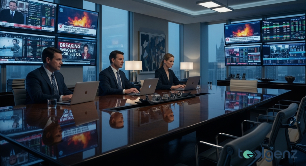 Three executives sit at a long conference table, working on laptops amidst multiple screens displaying news and market data. The screens prominently feature headlines about global conflicts and oil prices, alongside financial charts.
