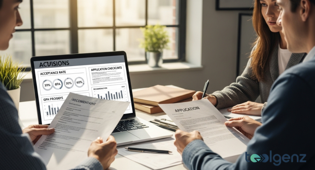 Three individuals examine application forms and a laptop displaying "Acceptance Rate" and "GPA Progress" charts. They are reviewing admissions and selectivity insights for college applications.