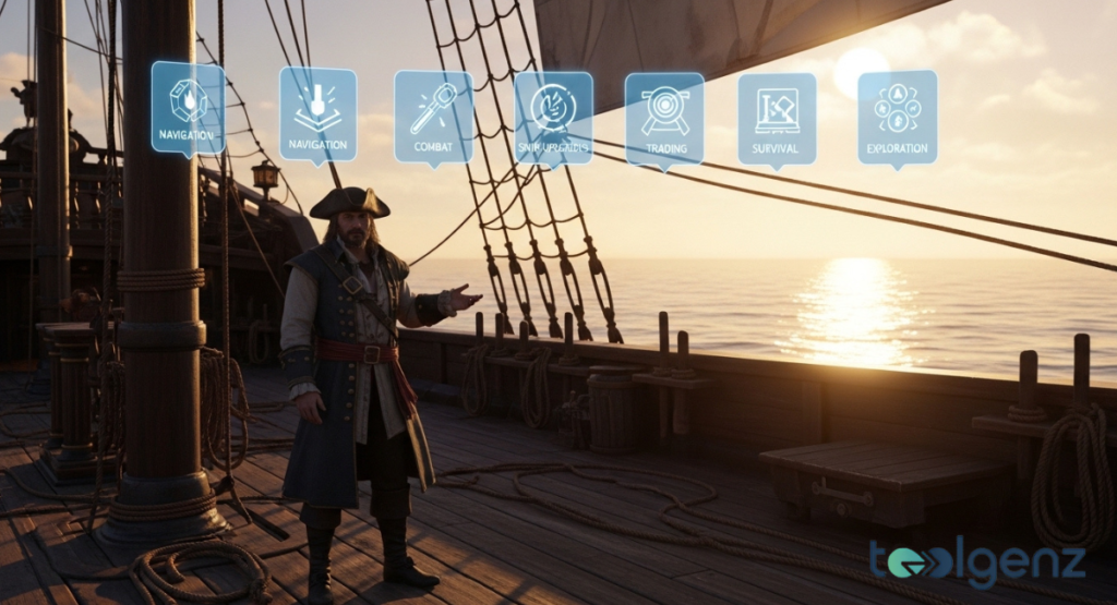 A pirate captain stands on deck at golden hour, gesturing toward floating icons for navigation, combat, and trading.