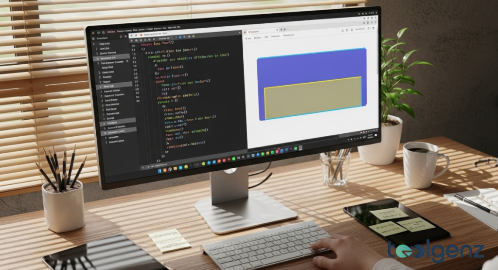 A wide desktop monitor on a wooden table, split between a dark-themed code editor and a white canvas with an abstract graphic. A hand rests on the keyboard, and a plant is to the side.