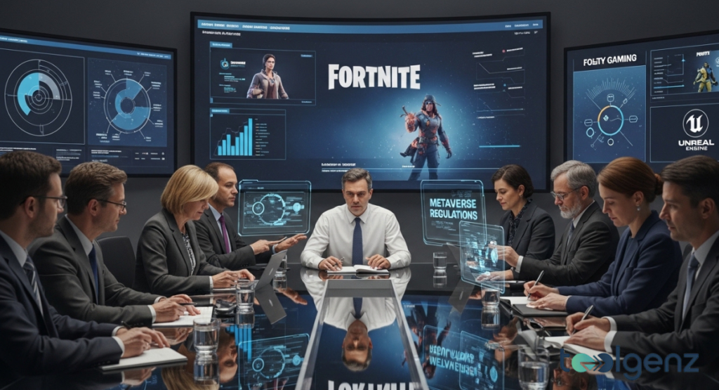 Executives around a boardroom table reviewing "METAVERSE REGULATIONS" on laptops and a large central screen with Fortnite analytics.