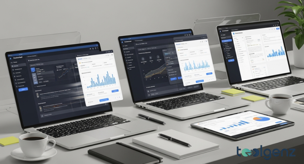 A business professional looks at a split-screen monitor comparing various HR software alternatives in a detailed side-by-side table.