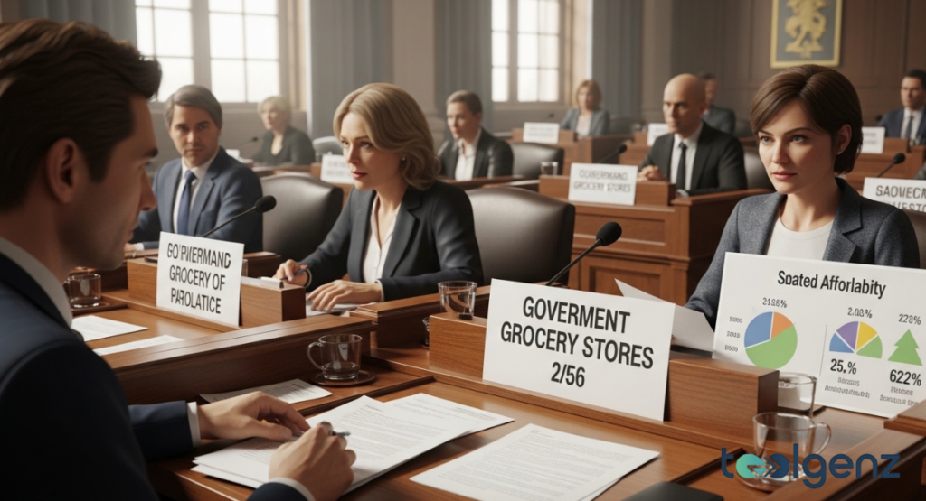 A formal hearing room where government officials sit behind desks with placards labeled "Government Grocery Stores." They are reviewing data charts that illustrate trends in food affordability and policy.
