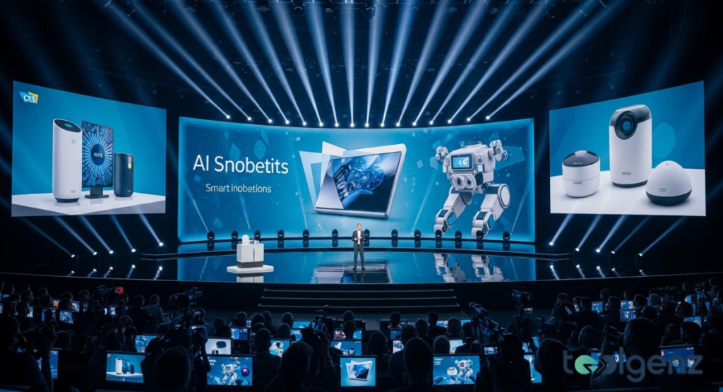 speaker stands on a grand stage in front of a curved screen displaying AI innovations and smart home devices.