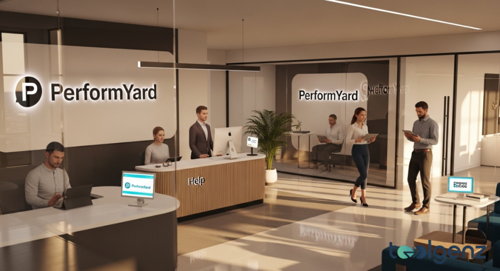 A diverse team of developers and HR specialists stand together in a modern, open-concept office space with a "Welcome" sign on the wall.