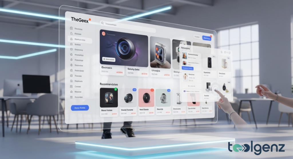 A clean, minimalist office setting where a user interacts with a floating holographic interface displaying various consumer electronics.