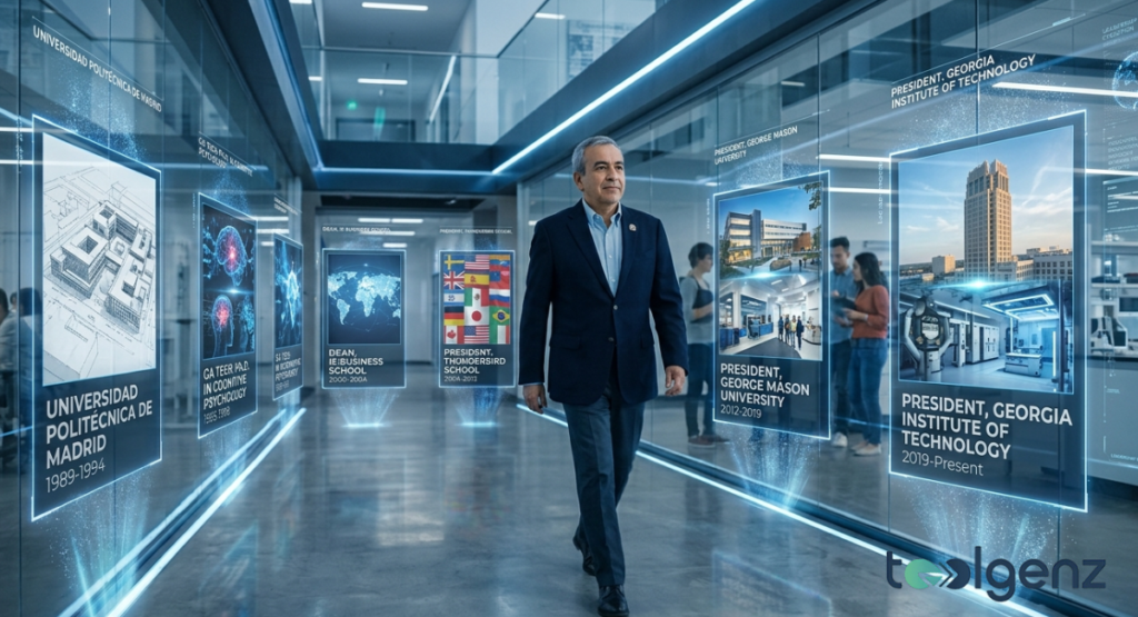 A man in a suit walks down a futuristic hallway lined with large, interactive glass displays showcasing key career milestones.