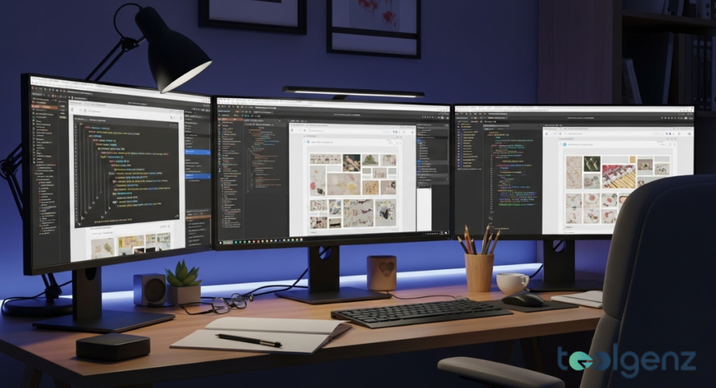 A dark wooden desk features three large monitors displaying code and graphic designs under a desk lamp's glow. A single plant and office supplies are in the foreground.