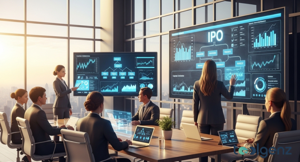 Executives in a sunlit boardroom analyze financial charts and an IPO flowchart on a giant screen. The city skyline is visible through the floor-to-ceiling windows.