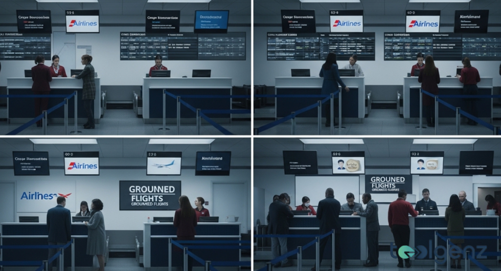Long queues of travelers wait at blue-themed airline service counters to speak with agents about their grounded flights.