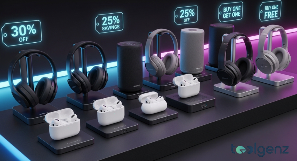 Headphones on stands, portable speakers, and open AirPods cases arranged on a dark table. Neon signs read “30% OFF”, “25% OFF” and “BUY ONE GET ONE”.