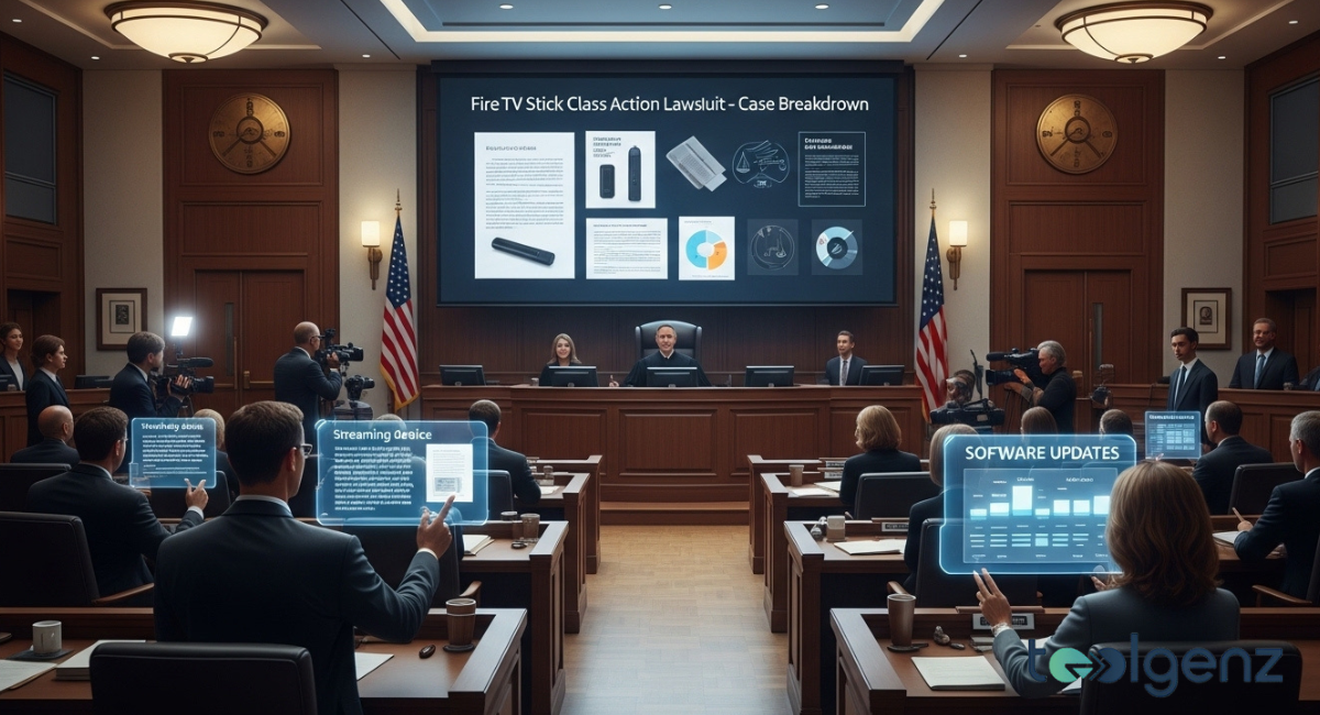 Courtroom scene with attorneys, judge, and media viewing a presentation titled “Fire TV Stick Class Action Lawsuit – Case Breakdown”. Holographic displays show evidence, device photos, and charts related to the Amazon Fire TV Stick Lawsuit allegations.