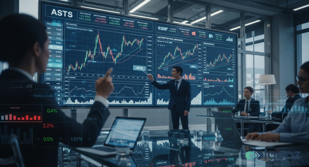 Analysts in a glass-walled trading room point to wall-sized screens filled with stock charts, ratings, and volume data.