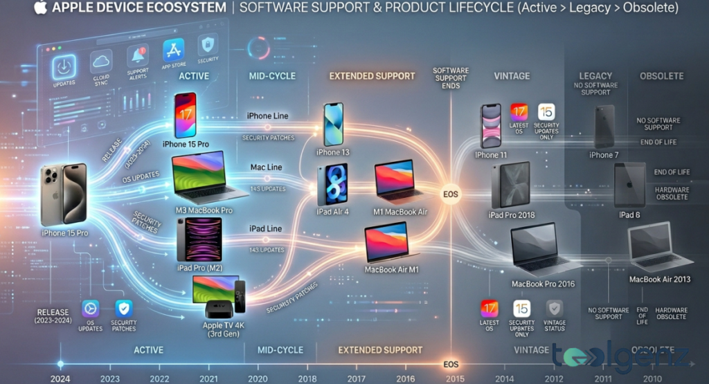 Infographic timeline mapping Apple devices from Active to Obsolete, including iPhone, MacBook, iPad, and 4K streaming box.