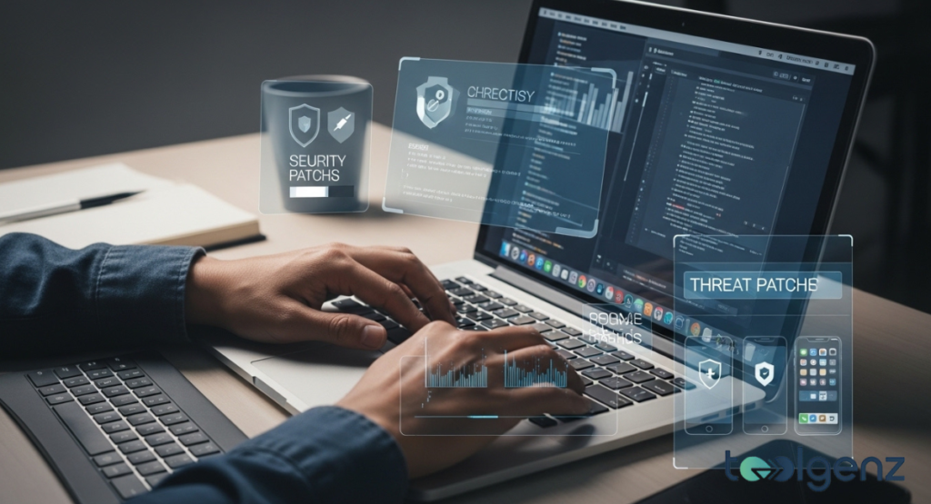Hands typing on a laptop with holographic overlays showing "Security Patches" and "Threat Patches" next to an iPhone icon.
