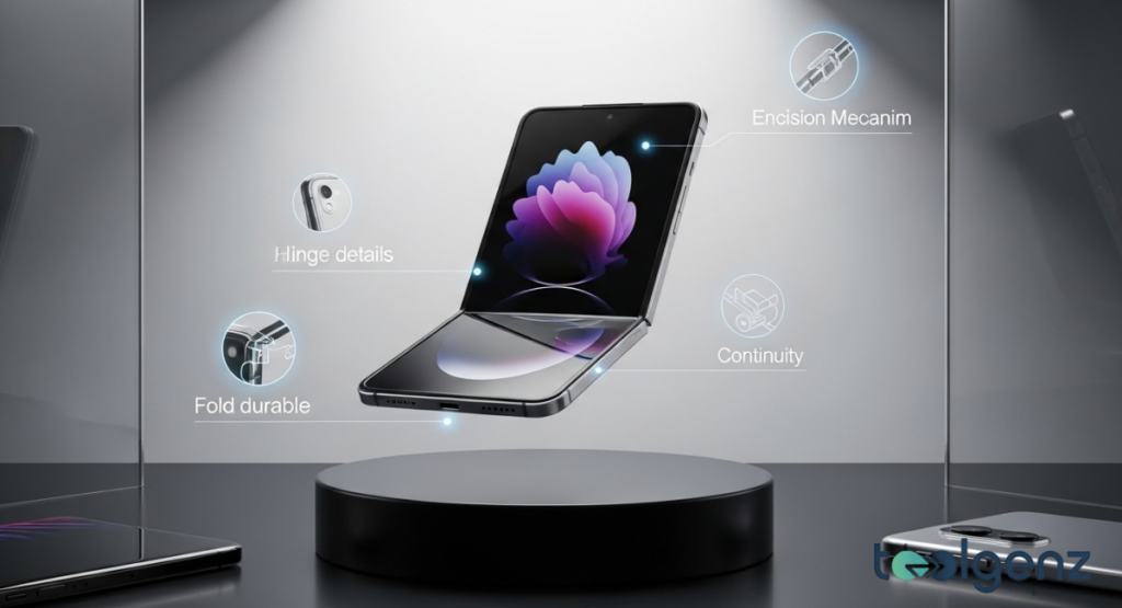 A black foldable smartphone floats above a pedestal with holographic callouts for “Hinge details,” “Fold durable,” and “Continuity.”