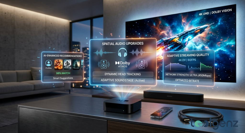 Futuristic living room with holographic UI overlays showing AI recommendations, Dolby Atmos, and 4K/60FPS streaming.