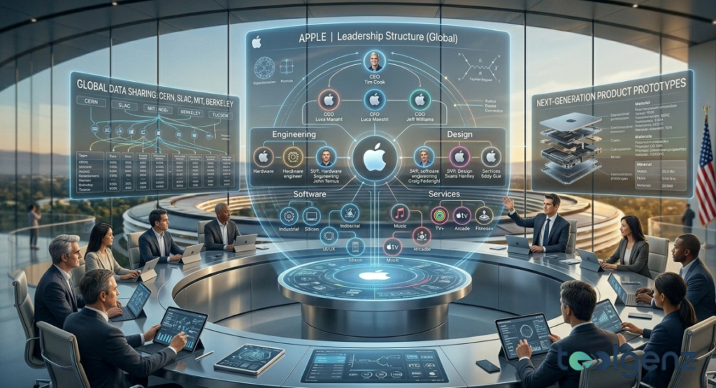Executives meet in Apple Park’s boardroom beneath a holographic org chart showing Tim Cook as CEO while hardware, software, and services divisions connect in the updated global leadership structure.
