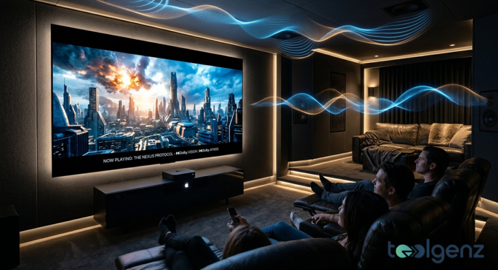 Group of friends watching a sci-fi film in a dark home theater with blue sound wave graphics overhead. A large projector screen displays Dolby Vision and Atmos while viewers relax in recliners.
