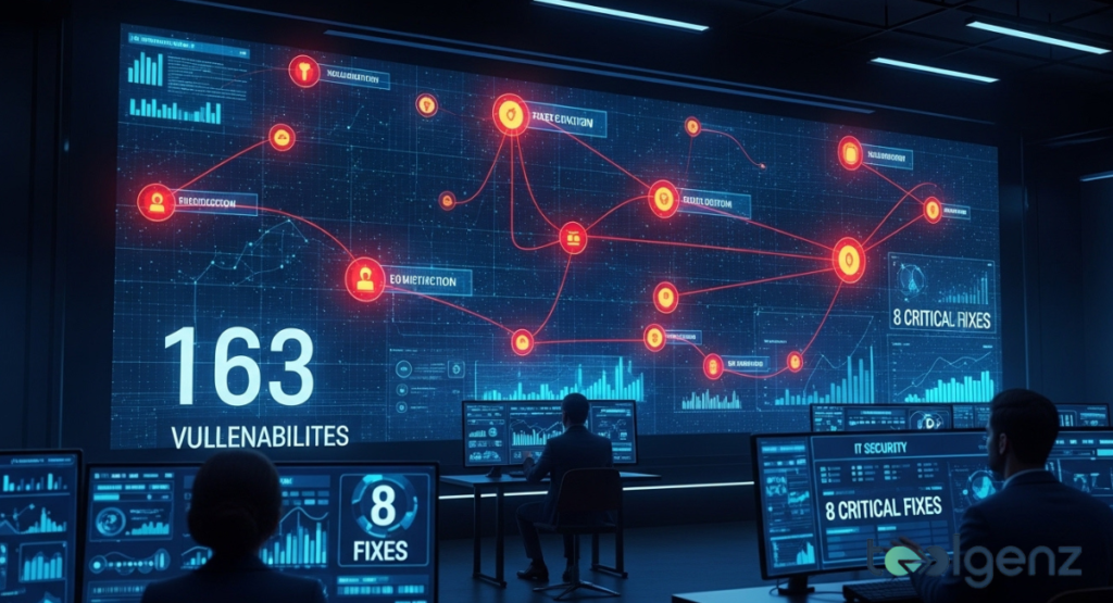 A dark security operations room displays a glowing network map with red vulnerability nodes and “8 Critical Fixes.”