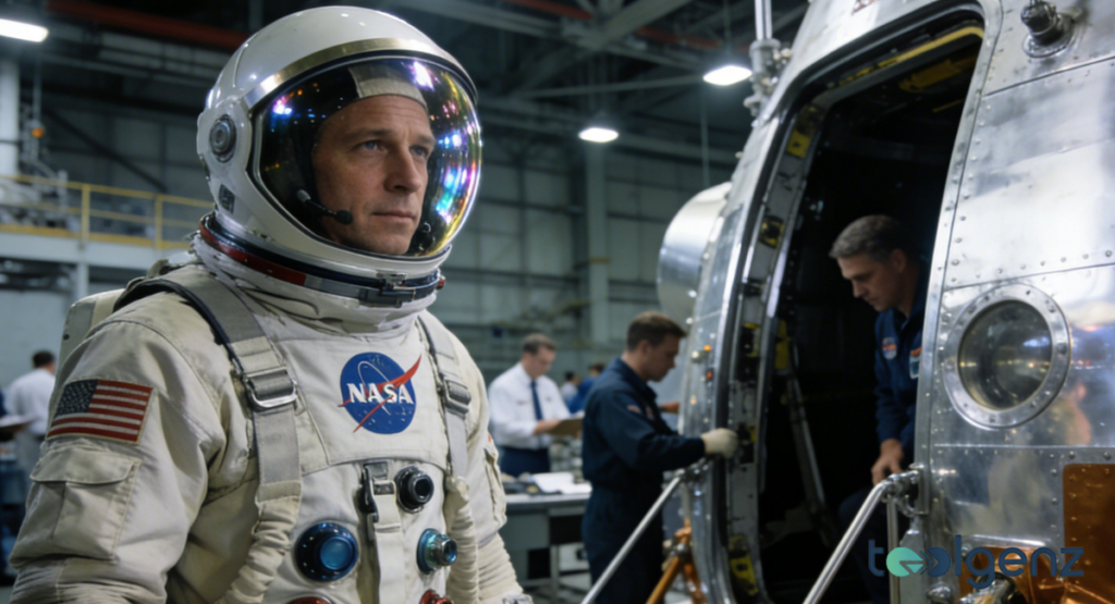 An portrait shot of a man in a modern NASA spacesuit, looking up and to the right, inside a large, brightly-lit assembly hangar. His helmet’s reflective visor shows colorful reflections from the hangar’s artificial lights.