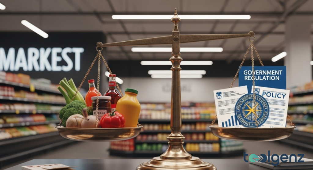 A golden scale in front of a blurred grocery store background, balancing fresh food on one side and government regulation documents on the other. It symbolizes the tension between free markets and state control.