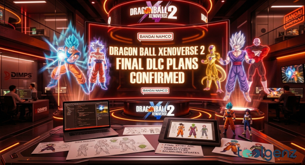 A Bandai Namco dev studio features a curved screen announcing “Final DLC Plans Confirmed” with holographic fighters on display. Concept art, figurines, and a tablet showing character designs sit on a desk labeled “Final Story Arc” and “Balancing Updates”.