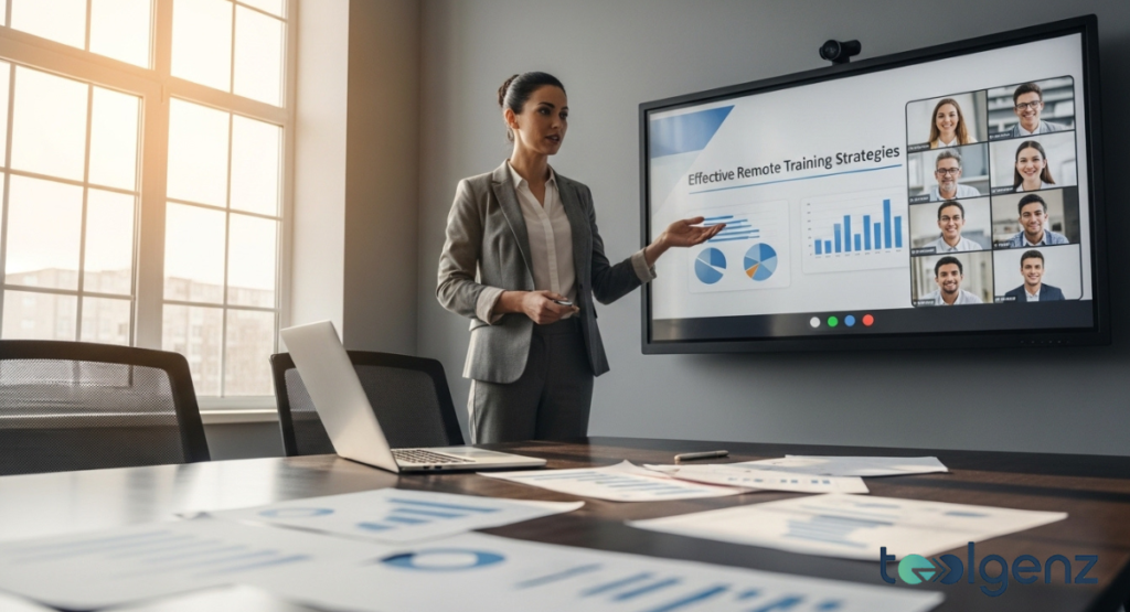 A woman in professional attire stands in a conference room, gesturing toward a large digital screen showing remote training strategies.