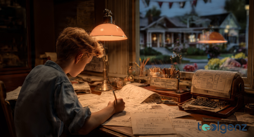 A teenage boy studies by lamplight, surrounded by handwritten tax forms and an old adding machine. The warm desk scene captures early financial responsibility in a quiet suburban home at dusk.