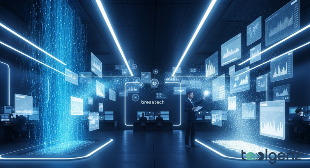 dark, Bresatech high-tech command center features glowing blue data streams falling like rain alongside multiple analytical dashboards.