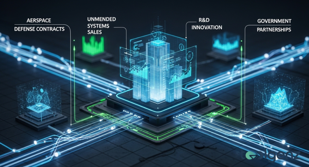 A digital infographic illustrating revenue streams including aerospace defense contracts and R&D innovation. Glowing blue lines connect various sectors to a central hub.