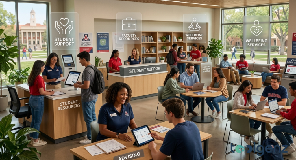 Students and staff interact at advising desks and support kiosks in a bright, modern center with floating icons for wellbeing services, faculty resources, and academic advising.