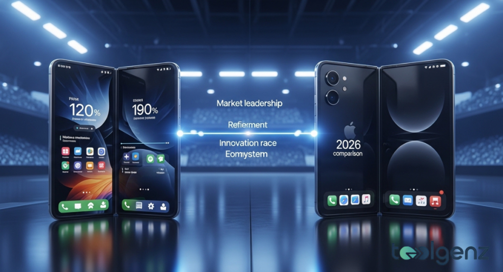Two foldable phones face off in a stadium-style arena with stats like “120%” and “190%” floating between them.