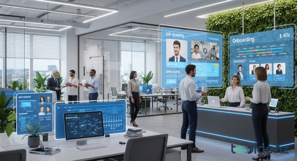 An open-concept office filled with plants and natural light where employees interact with onboarding and job opening displays.