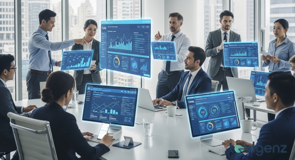Colleagues collaborate around a table with floating blue analytics screens, reviewing vendor risk metrics and performance dashboards.