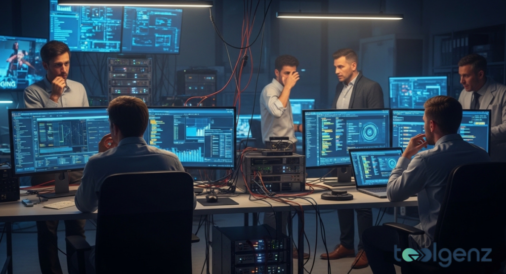 Technical experts monitor banks of computer screens and server racks in a dimly lit, high-pressure operations center. Tangled orange cables connect various hardware units, emphasizing the complexity of system implementation.
