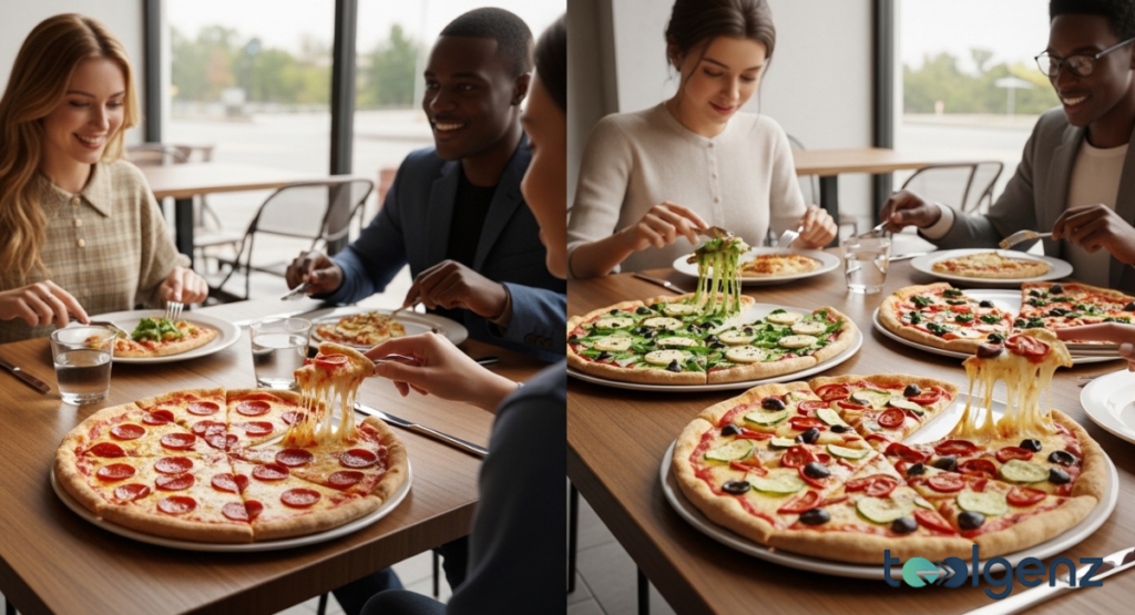 Two split-screen images showing friends and family sharing a large pizza, enjoying one of the last meals at the soon-to-be-closed restaurant.