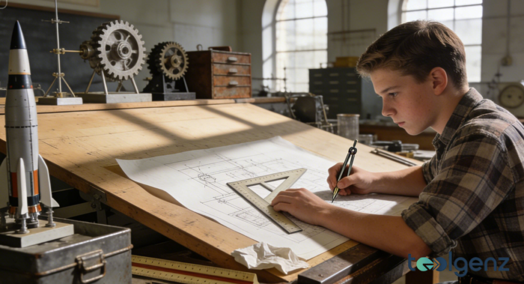 A young boy wearing a plaid shirt is focused on using a compass and a square ruler to draw a technical blueprint on a large wooden drafting table. Behind him is a large model rocket and exposed gear machinery in a classic workshop.