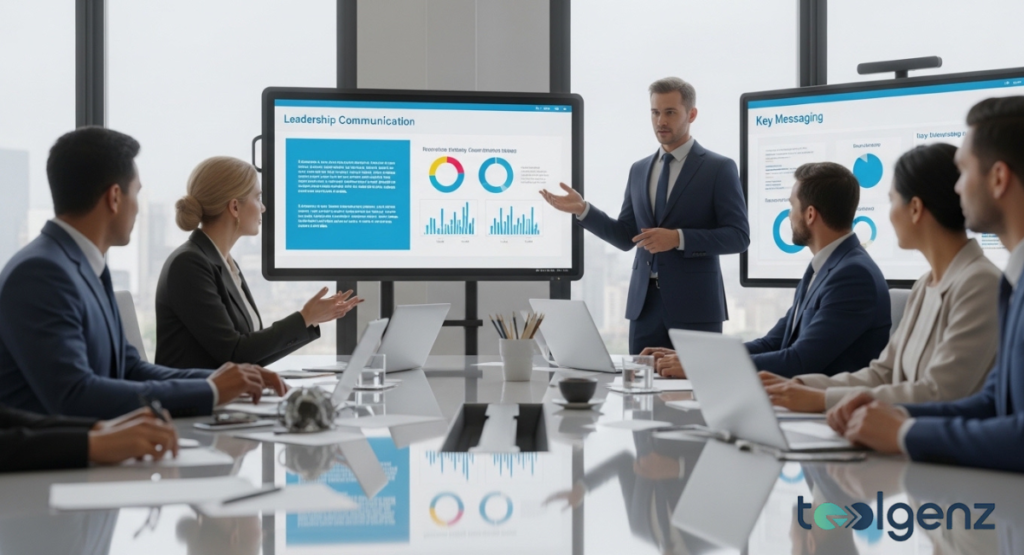 A business leader uses a large interactive touchscreen to present "Leadership Communication" best practices to a group of attentive executives.