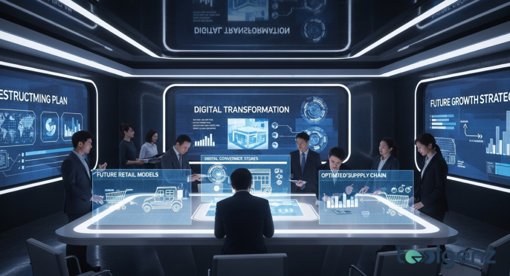 A team gathers around a holographic table with panels for “Digital Transformation,” “Future Retail Models,” and “Optimized Supply Chain.”