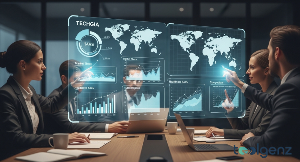 Business executives in a boardroom point toward a large transparent digital screen featuring global maps and market share charts.