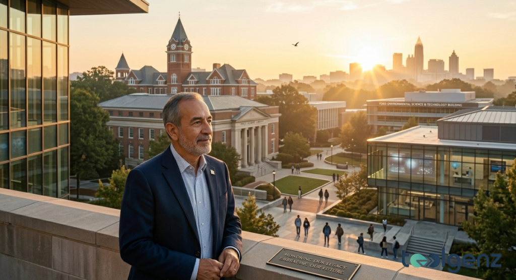 A reflective portrait of President Cabrera standing on a rooftop at sunset, overlooking the expansive university campus.
