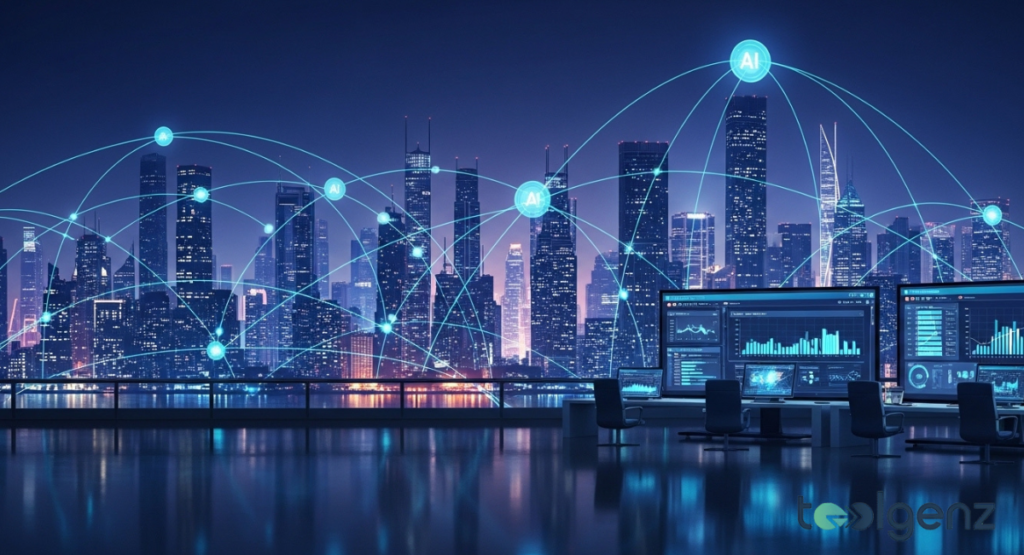 A vast cityscape at night with glowing blue nodes and AI network lines arching over skyscrapers. Large monitoring screens in the foreground show urban health and traffic metrics.