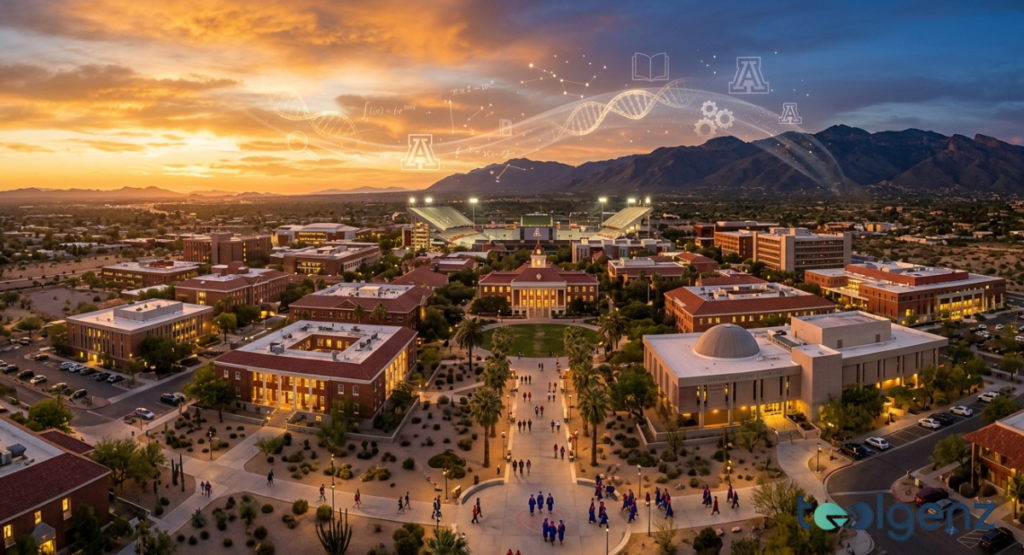 Aerial view of the desert campus glows at sunset with historic brick buildings, modern labs, and
