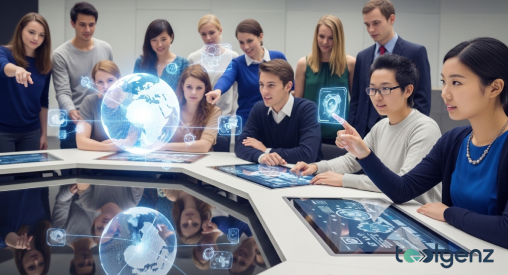 A diverse group of young professionals gathered around a large, futuristic interactive table displaying a glowing digital globe.